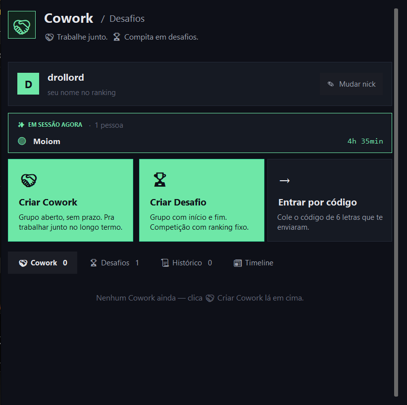 Tela do Cowork mostrando squads e leaderboard de produtividade entre amigos