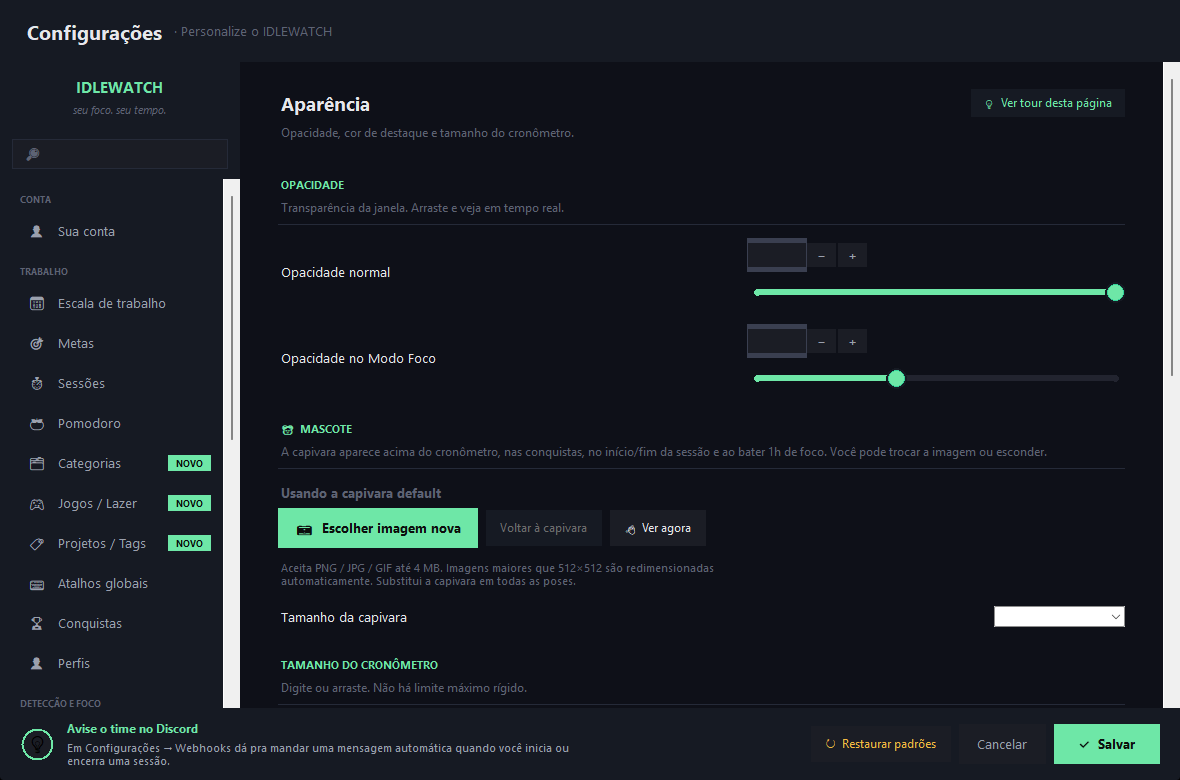 Página de configurações Aparência com sliders de opacidade e seção de Mascote pra trocar imagem